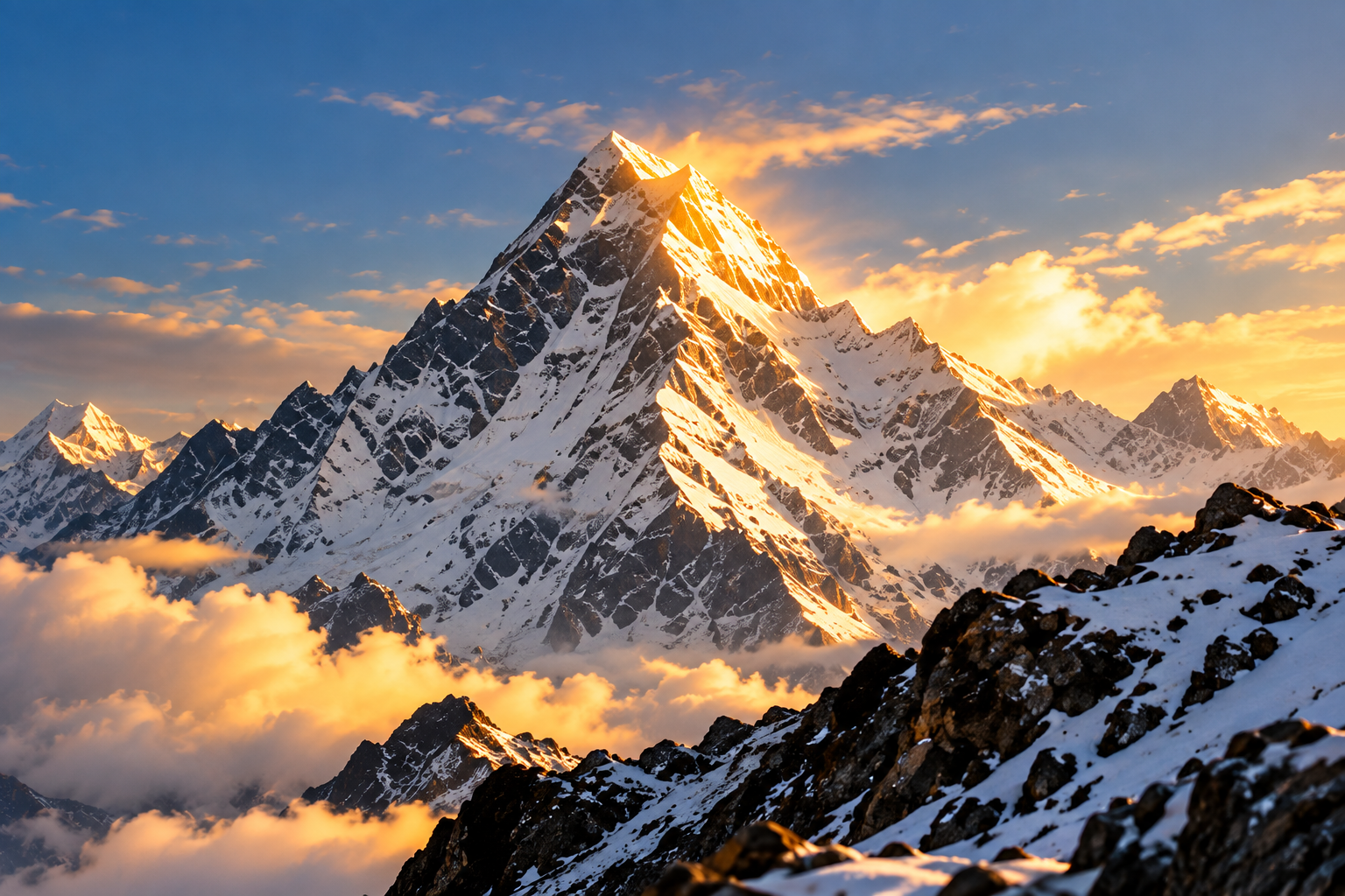 Sunlit summit of a Himalayan peak above the clouds